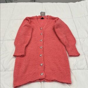 Cozy Fuzzy Pink Cardigan Dress with silver Heart Buttons